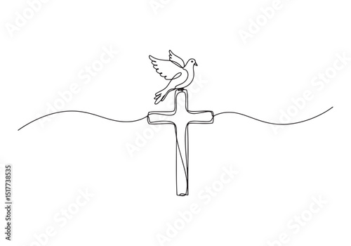 Minimalist continuous line drawing of a dove perched on a christ