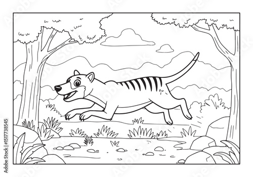 Thylacine in Tasmanian landscape for a coloring book illustratio