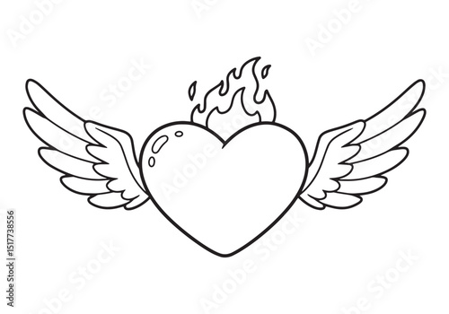Heart with Wings and Flames, A Black and White Coloring Book Ill