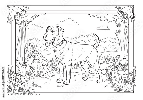 Delightful dog in an outdoor coloring book style illustration ar