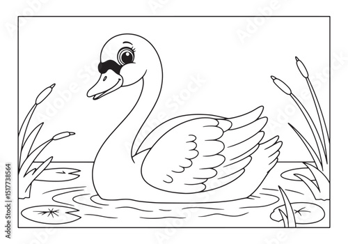 Elegant Swan in a Serene Lake, A Detailed Coloring Book Illustra