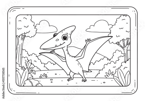 Adorable Cartoon Pterosaur Coloring Page for Kids, Black and Whi