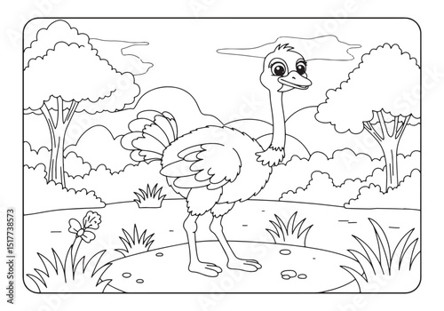 Delightful Ostrich in a Whimsical Landscape, A Coloring Book Adv