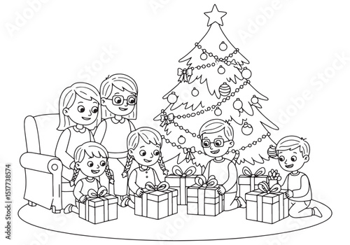 Delightful family scene unfolds in a black and white coloring bo