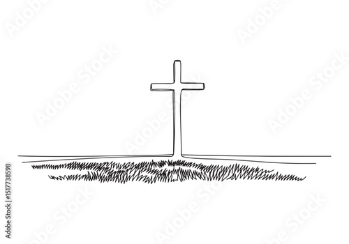 Minimalist cross illustration standing in grass field oneline dr