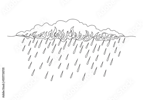 Minimalist continuous line drawing of rain cascading from storm