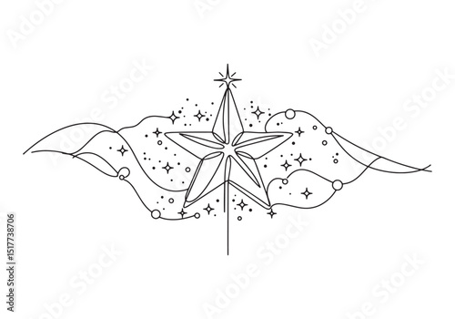 Elegant one line star illustration with celestial elements aroun