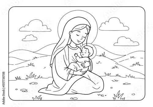 Illustration of Mary nursing baby Jesus, coloring page for kids