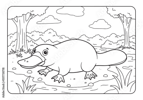 Platypus in Nature Coloring Page for Kids and Relaxation, Black