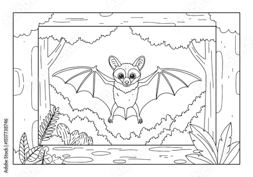 Adorable Flying Fox Coloring Page, A Black and White Adventure i