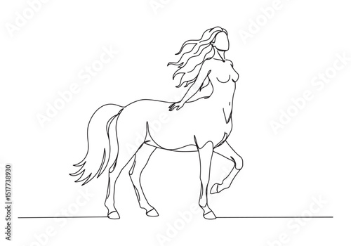 Elegant continuous line drawing of a female centaur with flowing