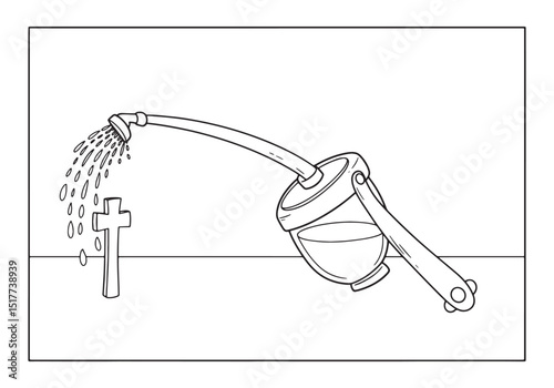 Coloring Page Illustration of Holy Water Sprinkler Blesses Cross