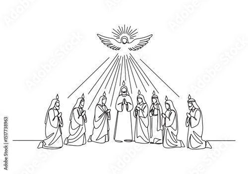 Continuous Line Drawing Illustration of Pentecost Event Depictin
