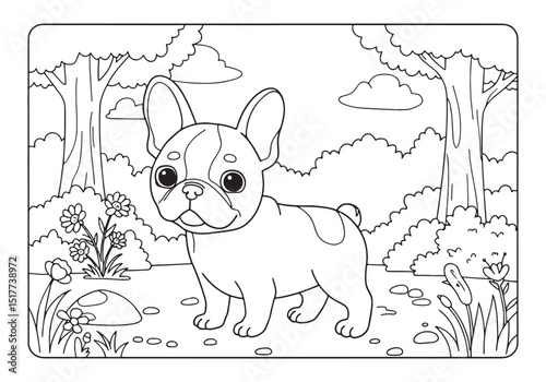 Adorable French Bulldog Puppy in a Coloring Book Style Illustrat
