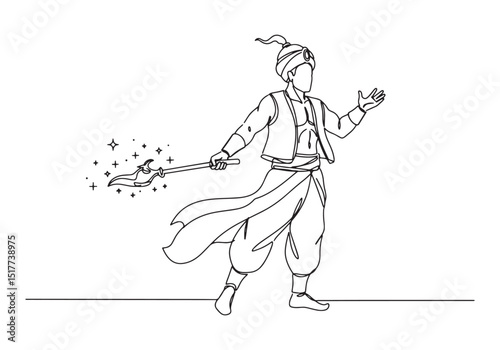 Mystical genie with turban in continuous line art style on white