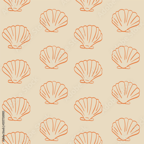 Orange vintage seashells seamless pattern, Vector hand drawn seashells background illustration. 