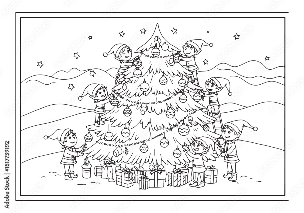 Obraz premium Charming christmas elves decorating a christmas tree coloring pa