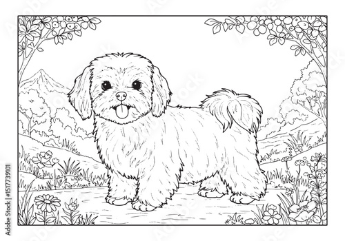 Adorable Maltese dog in nature scene coloring page for creative