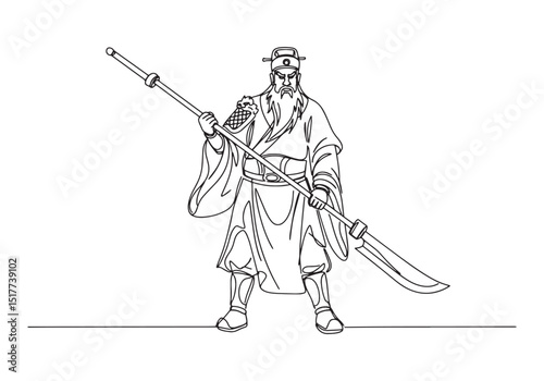 Monochrome Continuous Line Drawing of Guan Yu, the Chinese Gener