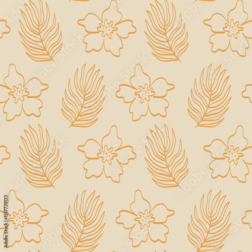Orange tropical leves and flowers seamless pattern, vintage summer tropical print