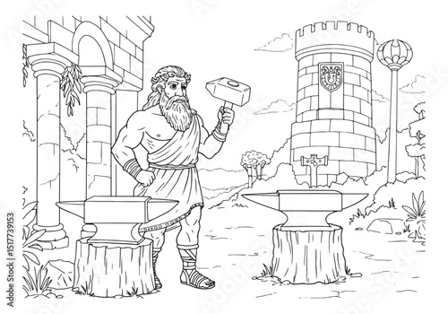 Hephaestus the Greek god illustration ready to color for childre