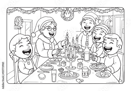 Festive dinner with mrs claus coloring page illustration, childr