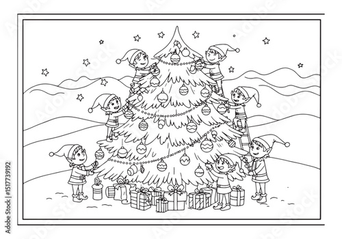 Charming christmas elves decorating a christmas tree coloring pa