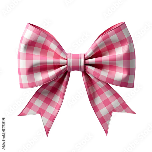 A pink and white gingham ribbon bow isolated isolated on transparent background