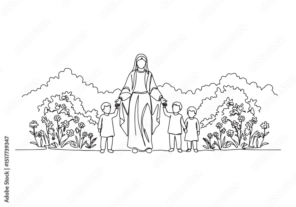 Obraz premium One Line Drawing of the Virgin Mary with Children and Flowers Il