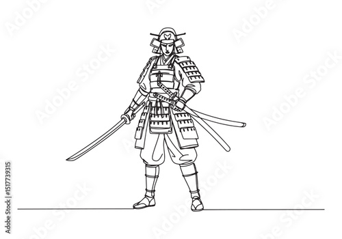 Elegant continuous line drawing of a female shogun in full armor