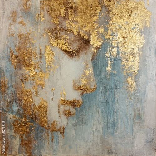 Abstract representation of a face with golden accents against a blue background in a dreamy space setting