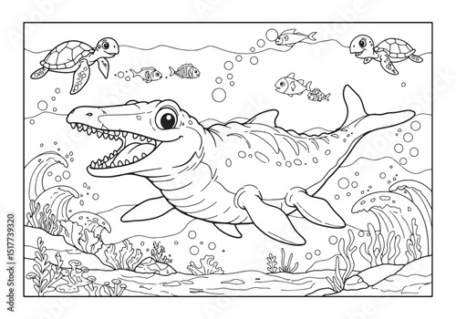 Mosasaurus coloring page with underwater scene, black and white