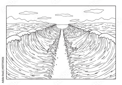 Moses parting the Red Sea coloring page for kids and adults illu