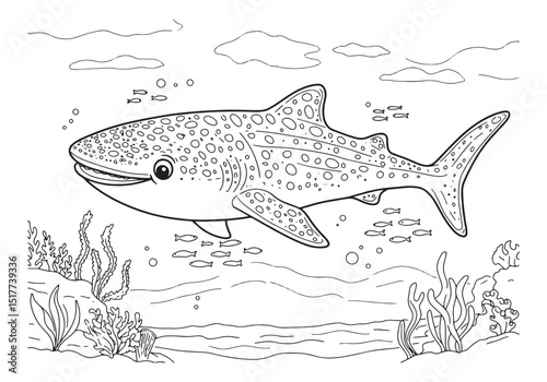 Whale Shark coloring page with cute marine life elements in a bl