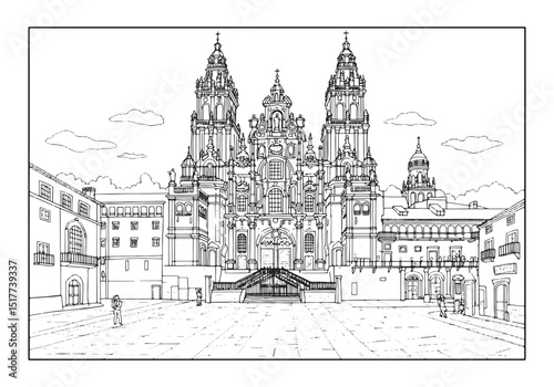 Detailed coloring page of santiago de compostela cathedral in sp