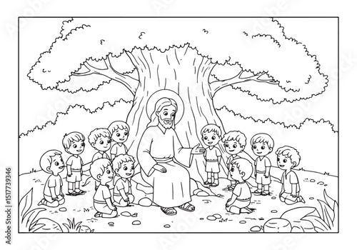 Illustration of Jesus teaching children under a tree for a color