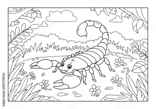 Adorable scorpion in a garden scene, perfect for children's colo