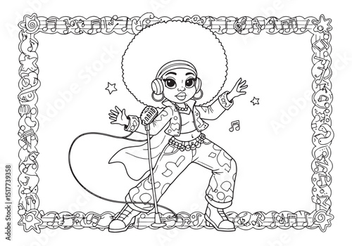 Black and White Coloring Book Page of a Cheerful Afro-Funk Music