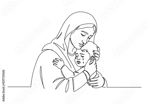 Continuous Line Drawing of Mother Mary Holding Baby Jesus, Black