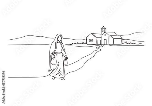 Continuous Line Drawing of Virgin Mary Journeying to a Rural Vil