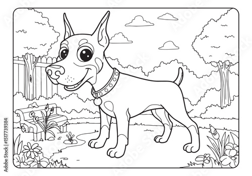 Playful Doberman Pinscher in a Whimsical Coloring Book Style Ill