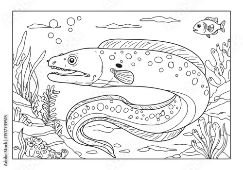 Detailed moray eel coloring page with marine life elements illus