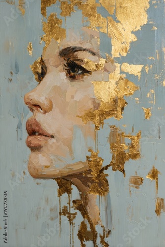 Elegant abstract portrait blending warm tones and gold leaf in a celestial space background, creating a captivating artistic expression