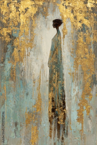 Elegant abstract silhouette against a shimmering golden and teal space background
