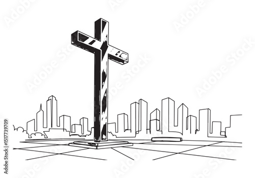 Monochrome illustration of a Christian cross against a cityscape