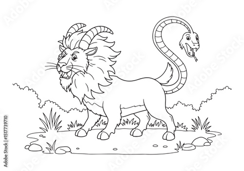 Detailed Coloring Page of a Mythical Chimera with Lion Body and