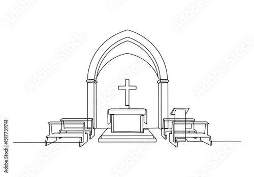 Continuous line drawing illustration of chapel interior with cro