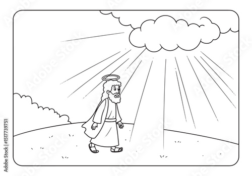 Biblical figure walking under divine light, coloring book style