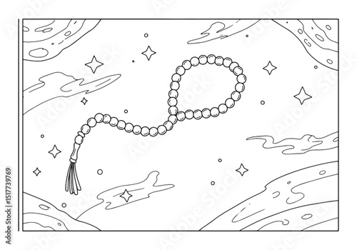 Serene prayer beads amidst celestial stars in coloring book styl