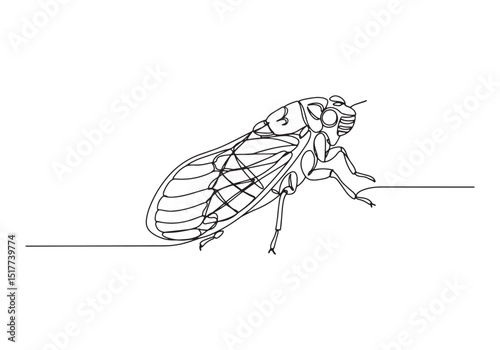 Elegant minimalist one-line drawing of a cicada insect in black